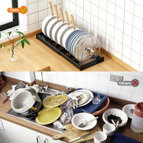 Nigelia Pots and Pans Organizer for Under Cabinet 22" Expandable Food Storage Container Lid Organizers with 10 Adjustable Dividers Pot and Pan Lid Holders Rack Inside Cabinet&Kitchen Countertop(Black) - Image 6