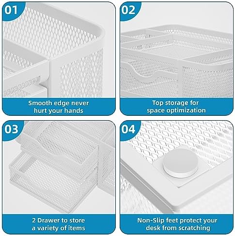 Marbrasse Mesh Desk Organizer, Pen Organizer with 2 Drawer, Multi-Functional Pencil Holder, Desk Organizers and Accessories with 5 Compartments + Drawer for Office Art Supplies (White) - Image 6