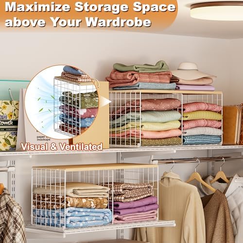 2 Pack Stackable Closet Organizers and Storage, 4 Cube Closet Shelves with Wood Top Board for Extra Clothes Storage, Small Metal Closet Shelf Organizer Bins Baskets for Sweater Sweatshirt Jeans, White - Image 5