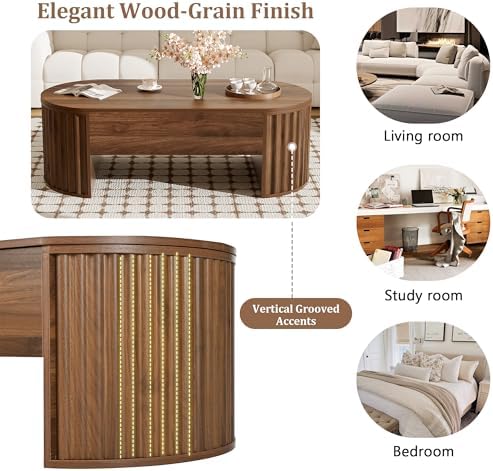 Merax 47.2'' Lift Top Oval Coffee Table with Hidden Storage Compartment, Modern Wooden Center Table with Oval Lift Tabletop for Home Living Room, Brown - Image 6