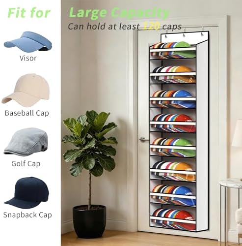 KEEPJOY 8-Tier Over the Door Hat Rack for Baseball Caps, Holds Up to 120 Caps Large Capacity Hanging Hat Storage Organizer with Clear Deep Pockets, Hat Holder for Nursery, Bedroom, Closet (White) - Image 5