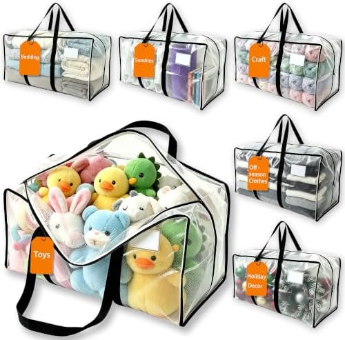 24 GAL Heavy Duty Moving Bags Clear See-Through 6 Pack - Backpack Straps & Handles, Large Zipper Storage Bags for Clothes, Water-Resistant College Dorm & Moving Essentials by JVLJVL