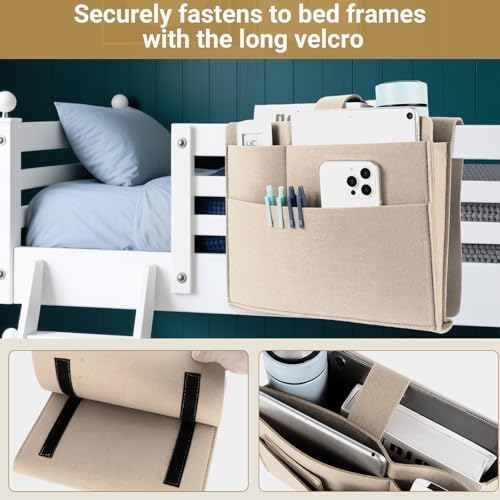 Seefoo Bedside Caddy, Large Bed Caddy Organizer with Cord Slit, Beige - Image 5