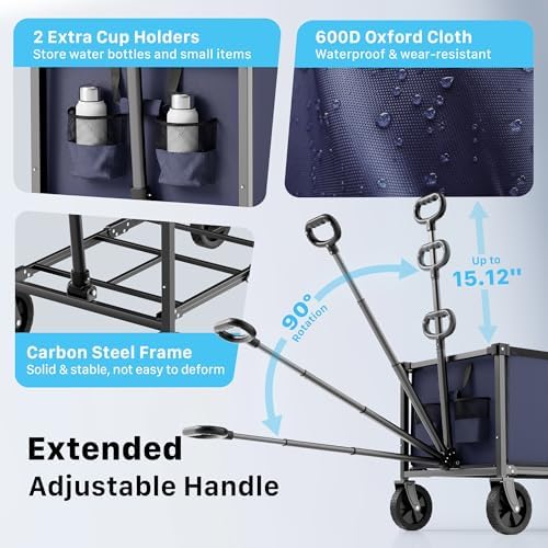 29.3" Collapsible Wagon Cart, 150L Heavy Duty Folding Utility Wagon with Wheels, 260 lbs Load, Portable Rolling Cart for Garden, Shopping, Sports, Camping, DarkBlue - Image 7