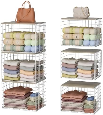 Extra-Long Closet Organizers and Storage with Top Board, 3 Pack Stackable Closet Shelf Organizer, Double Storage Design, Clothes Storage Cube/Bin/Basket for Wardrobe, Space-Saving, White,Sturdy,Metal by Hencawima