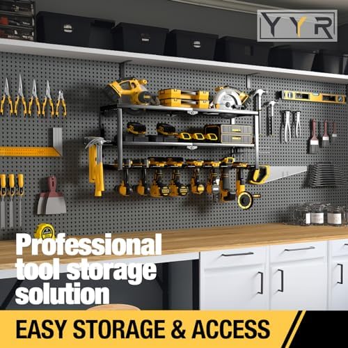 YYR Heavy Duty Power Tool Organizer Wall Mount, Cordless Drill Hanger Storage Rack, Battery Tools Holder with Charging Station Shelf for Garage Organization, Workshop, Pegboard, Shed - 32 Inch 8 Slots - Image 6