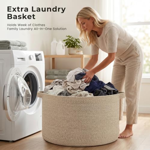 OIAHOMY 90L Extra Large Blanket Basket - Decorative Cotton Rope Storage Basket for Bedroom, Living Room & Nursery - Woven Laundry Hamper for Organizing Blankets, Clothes & Toys - Brown - Image 6