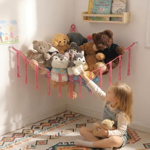 YKBU Stuffed Animals Hammock Corner Hanging Net Macrame Stuffed Animal Storage Plush Toy Holder Toy Organizer for Boho Nursery Playroom Bedroom Kids Room (pink, m) by YKBU