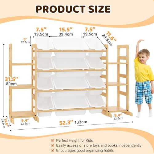 Large Toy Storage Organizer Kids Toy Organizer and Bookshelf Combo with 12 Bins and 6 Shelves Toy Organization Box Toy Shelf for Playroom, Bedroom, Nursery - Image 2