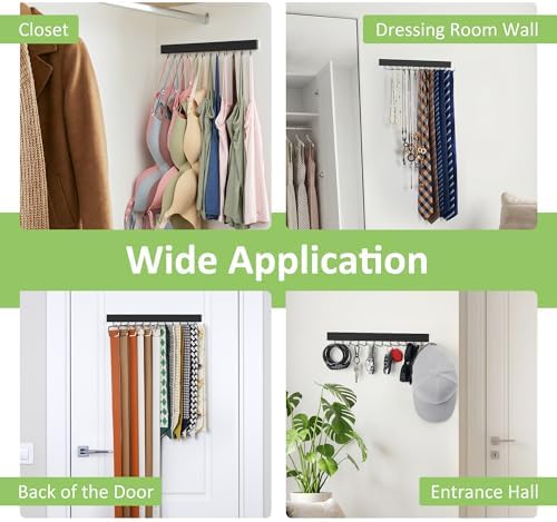 2 Pack Tie Hanger Wall Mounted, Wooden Tie Rack Belt Hanger with 24 Non Slip 180° Rotating Hooks, Belt Organizer Space Saving Tie Hanger for Closet, Tie Holder & Tie Organizer, Black - Image 5