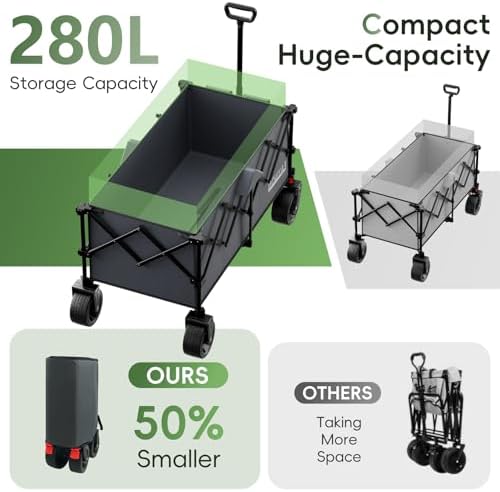 46" L Collapsible Foldable Extended Wagon, 500LB Weight Capacity with 280L Heavy Duty Folding Cart,Utility Wagon with All-Terrain Beach Wheel & Drink Holders,Gray - Image 3