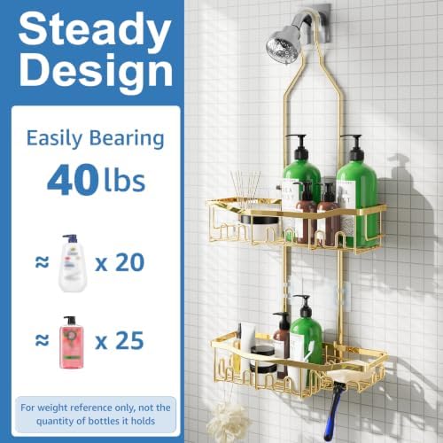Shower Caddy, Extended Length Shower Organizer with Hooks, Rustproof Shampoo Soap Holder, Large Hanging Bathroom Caddy, Gold - Image 6