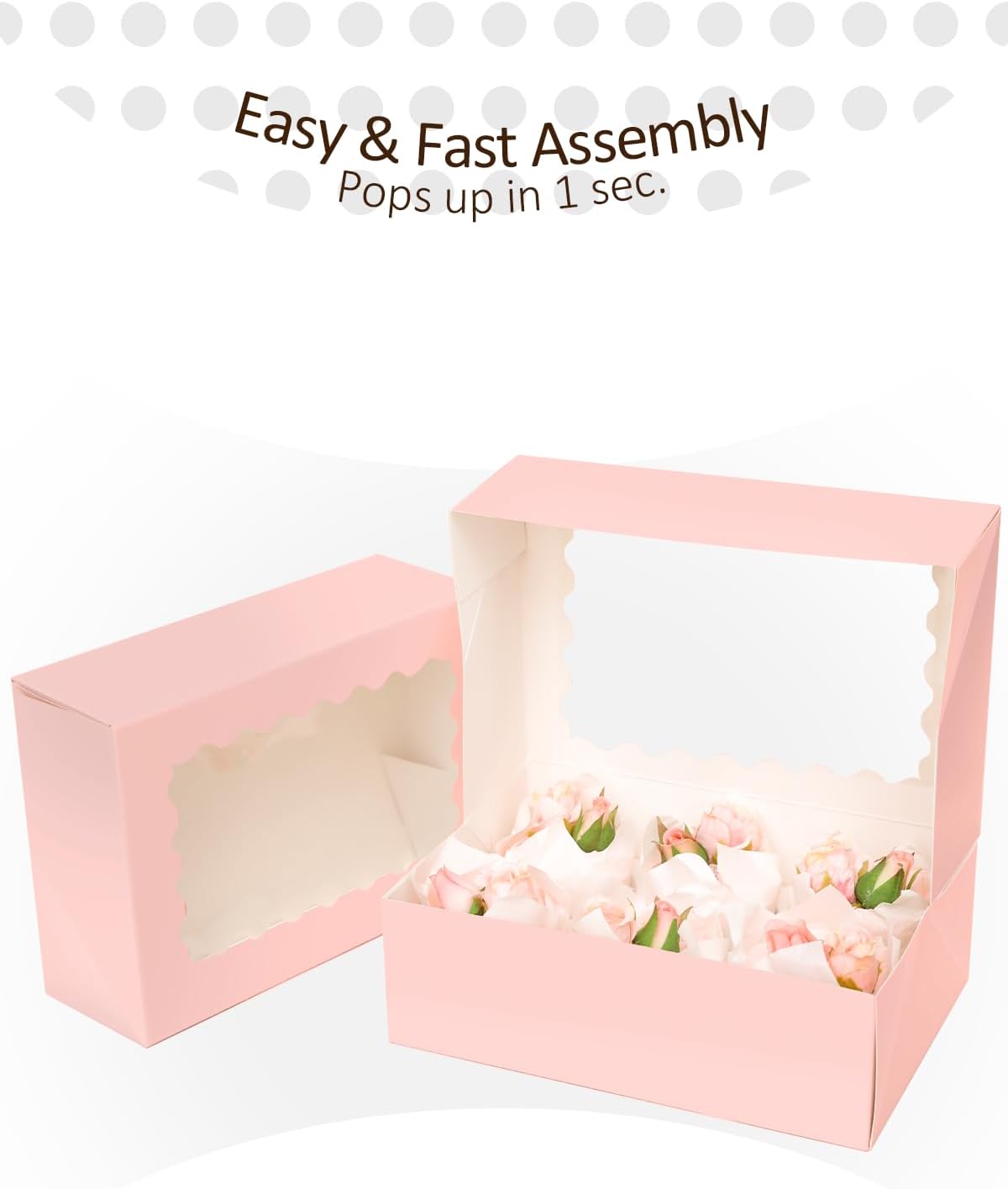 qiqee Pink Auto-pop up 6 Cupcake Boxes with Window 30 Packs Cupcake Box 9"x6.1"x3.3" Bakery Boxes For Cupcakes Carrier, Cupcake Containers