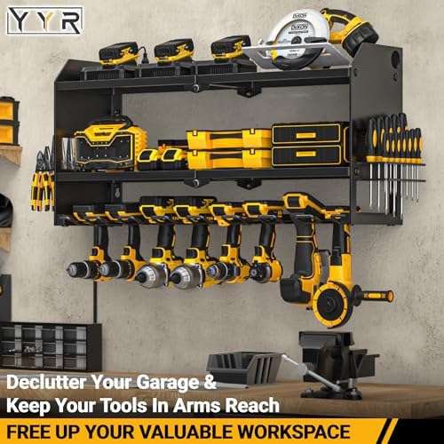 YYR Power Tool Organizer with Charging Station Wall Mount, Cordless Drill and Battery Holder for Garage Organization, Electric Tools Storage Rack Build in Surge Protection Power Strip - Black Shelf - Image 3