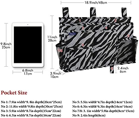 Surblue Bedside Caddy Hanging Organizer Storage Bag Pocket for Bunk, Hospital, College Dorm Rooms, Baby Bed Rails, Camp - 8 Pockets (Large, Zebra) - Image 5