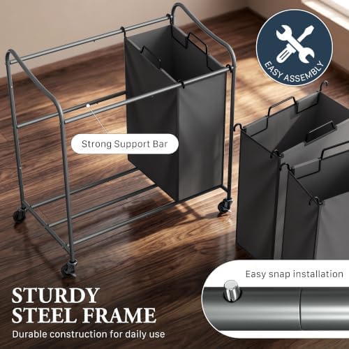 Simple Houseware Heavy Duty 3-Bag Laundry Sorter Rolling Cart, Dark Grey - Image 3