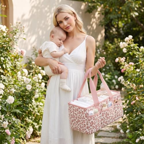 Baby Diaper Caddy Organizer with Portable Changing Mat-Portable Baby Organizers and Storage, Gift for Baby Shower, Corduroy Baby Essentials Organizer with Removable Dividers (Pink Leopard) - Image 7