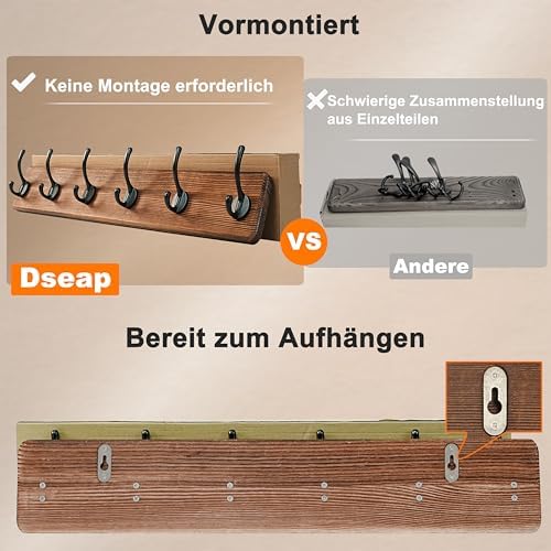 Dseap Wall Mounted Coat Rack: 24" Long, Patented, Heavy-Duty, 6-Double-Hooks Wooden Hanger Rail for Winter Coats, Hat, Jacket, Clothing - Weathered Brown, Pack of 2 - Image 3