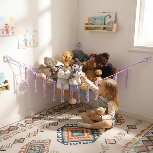 YKBU Stuffed Animals Hammock Corner Hanging Net for Macrame Stuffed Animal Storage Plush Toy Holder Toy Organizer for Boho Nursery Playroom Bedroom (purple, Large) by YKBU