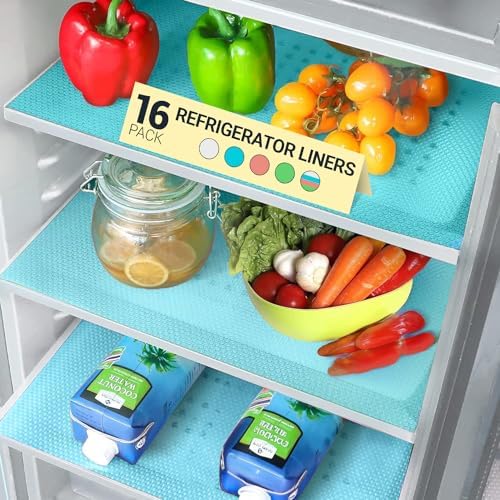 Refrigerator Liners for Shelves (16 Pack) by Linda’s Essentials - Non-Adhesive Shelf or Drawer Liner, BPA-Free Fridge Mats for Kitchen & Cabinets, Easy to Clean, Ideal Household Essentials (Blue) by LindasEssentials