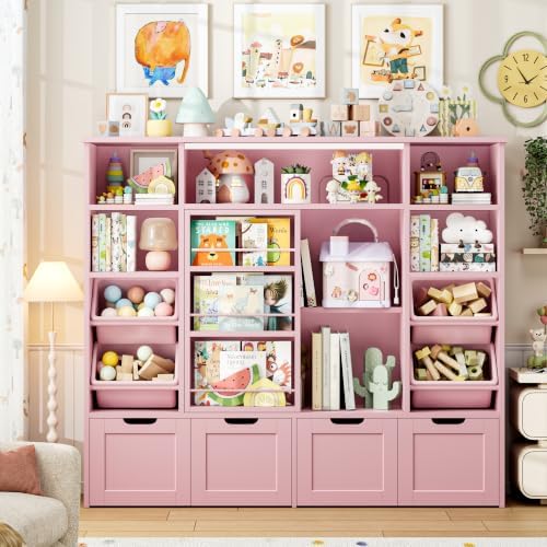 FINETONES Toy Storage with Sliding Bookshelf, Toy Organizer with 4 Bins - Image 7