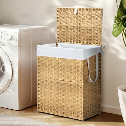 DUMOS Woven Laundry Basket with Lid, 90L Large Capacity Hamper, Removable & Machine-Washable Liner, Foldable Rattan Clothes Hamper, Sturdy Steel Frame, Odor Control, Goose Yellow - Image 2