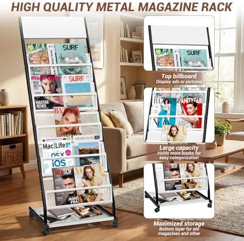 Floor Standing Magazine Rack 5 Layer with Wheels, Brochure Display Stand Large Newspaper Stand for Trade Show Exhibitions Office (Width 18.7 in) - Image 3