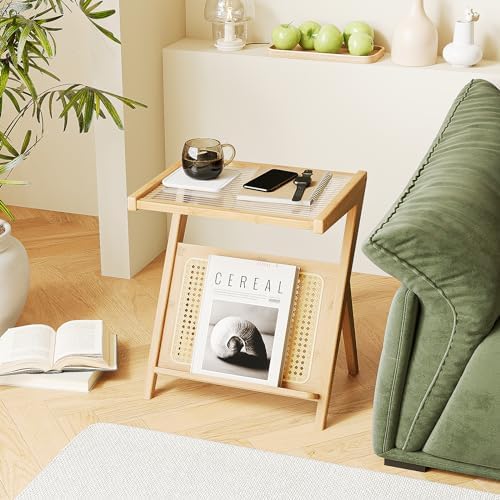Bamworld Rattan Side Table Boho Nightstand with Storage Shelf by Bamworld