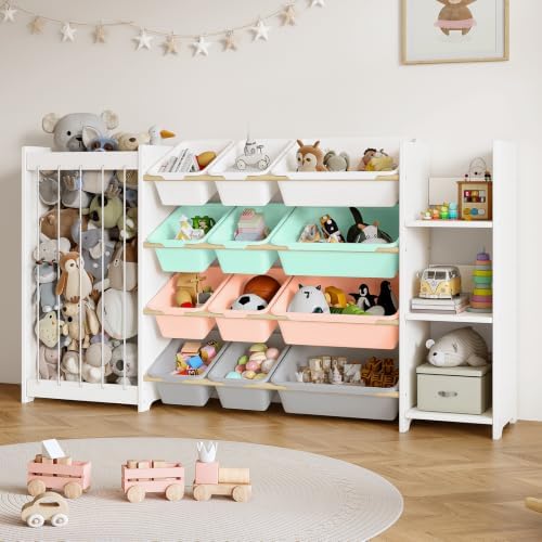 EXPERLAM 3-in-1 Toy Storage Organizer, White Solid Wood, Colorful Bins by EXPERLAM