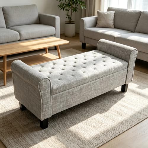 51 Inch Light Gray Linen Storage Ottoman Bench with Rolled Armrests - Image 7