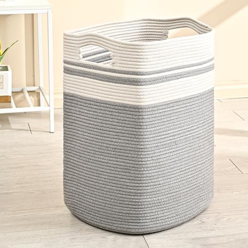 ICERZCZ 78L Laundry Hamper, Woven Rope Tall Laundry Basket with Handles, Decorative Blanket Basket for Bedroom, Bathroom, Collapsible Baskets for Toys, Clothes, 16”x14”x22”, White & Grey by ICERZCZ