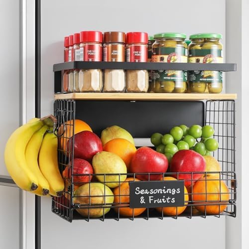 [WIDER SHELF] 1 SET Strong Magnetic Shelf Basket for Fridge with Tag & Bamboo Top, XXL Large Magnetic Spice Rack Shelves for Side of Refrigerator, Kitchen Pantry Storage Organizer for Food Fruit Veg by Unknown