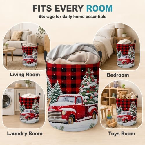 Christmas Red Truck Collapsible Laundry Hamper,Winter Deer Waterproof Oxford Cloth Clothes Basket with Handles for Bathroom Bedroom Nursery Dorm Room,16" x 20" - Image 7