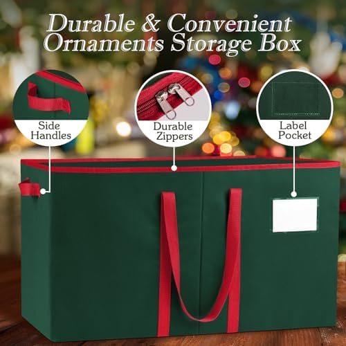 RoomHacks Christmas Ornament Storage Box, Store Up to 128 Ornaments, Durable Christmas Storage Container, Dual Zipper & Adjustable, Large Organizer Bin to Protect and Store Holiday Ornaments(Green) - Image 3