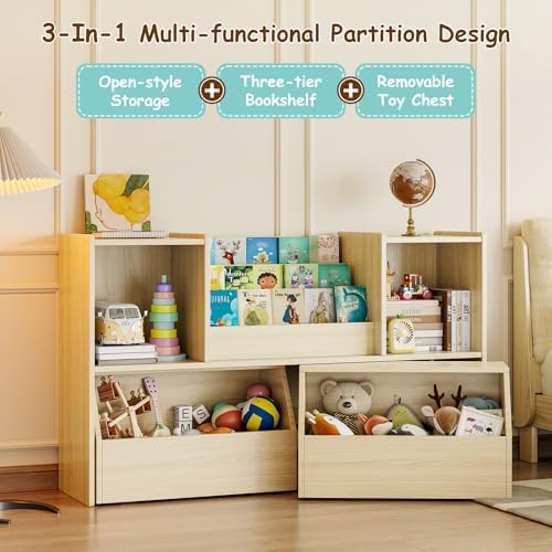 EXPERLAM Solid Wood Kids Bookshelf and Toy Storage Organizer, 3-in-1 Montessori Bookcase with Storage Cubbies and 2 Rolling Toy Bins, Toddler Bookshelf for Kids Room, Playroom, Nursery - Image 4