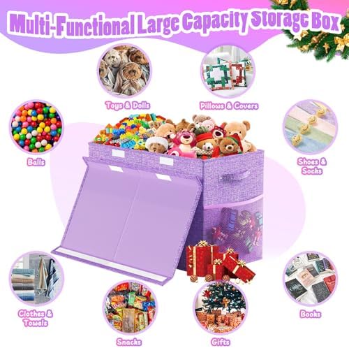 Large Toy Storage Box with Lid, Dividers, Collapsible Kids Toy Chest Purple - Image 3