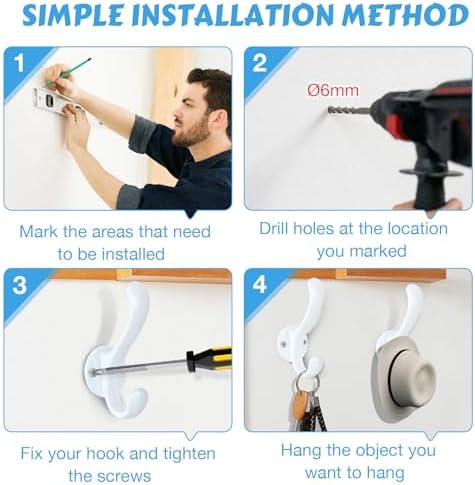 6 Pack Coat Hooks Wall Mount Heavy Duty Utility Retro Double Hooks for Hanging Coats,Hat, Towel, Key, Robe, Scarf, Bag, Cap (White) - Image 5