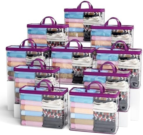 10PACK Clear Zippered Storage Bags for Clothes, 22L Clear Storage Bag, and Blanket Storage Bags for Bedding, Linen, Blankets, Comforters, Clothing & Toys (Purple) by Hopack