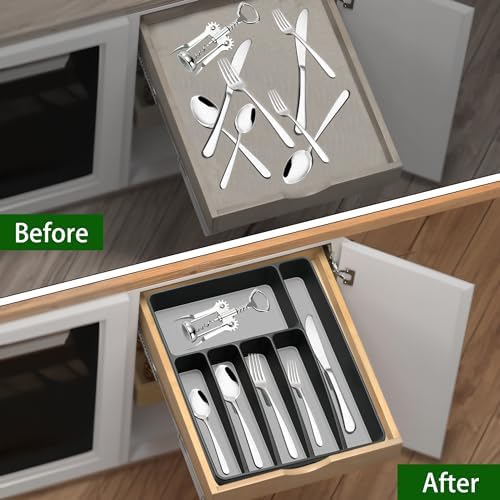 Loyareal Silverware Organizer Utensil Organizer Holder Kitchen Drawer Organizer Plastic Silverware Tray for Drawer Flatware Organizer 6 Compartment Black - Image 4