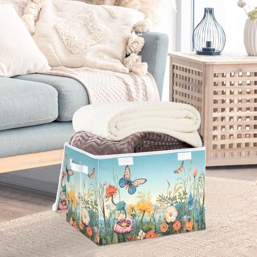 Colorful Flower Pattern Storage Bins with Lids and Carrying Handle,Foldable Storage Boxes Organizer Containers Baskets Cube with Cover for Home Bedroom Closet Office - Image 5