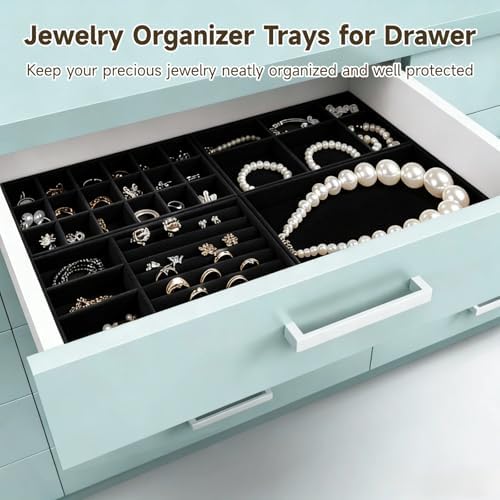 8 Pcs Jewelry Drawer Organizers, Velvet Jewelry Trays for Drawer, Stackable Jewelry Trays, Ideal for Rings, Earrings, Bracelets, Necklaces, Black - Image 2