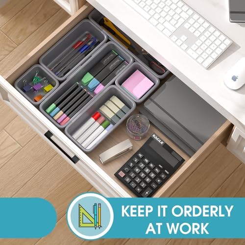6 PCS Drawer Organizer Set, 3 Size Makeup Drawer Divider Organizer With Non-Slip Pads, Interlocking Plastic Storage Bins for Office,Jewelry Vanity,Gadgets, Bathroom,Kitchen, Grey - Image 4