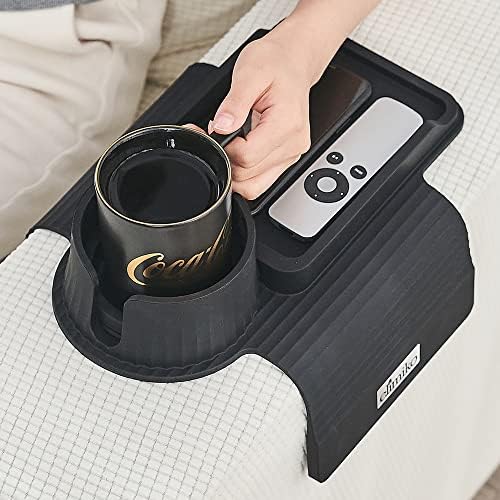 Couch Cup Holder Tray, Elimiko Silicone Sofa Drink Holder with Large Cup Holder and Tray, for Oversized Mugs/Long Remote/Snacks/Cellphone (Black) by Elimiko