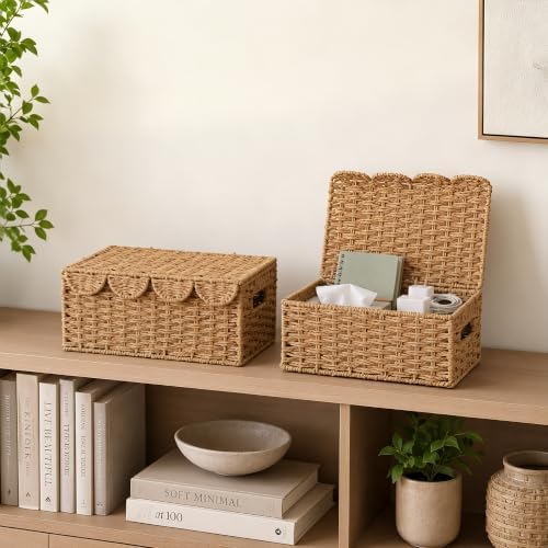Set of 2 Scalloped Wicker Basket with Lid, Paper Rope Baskets for Shelves - Image 7