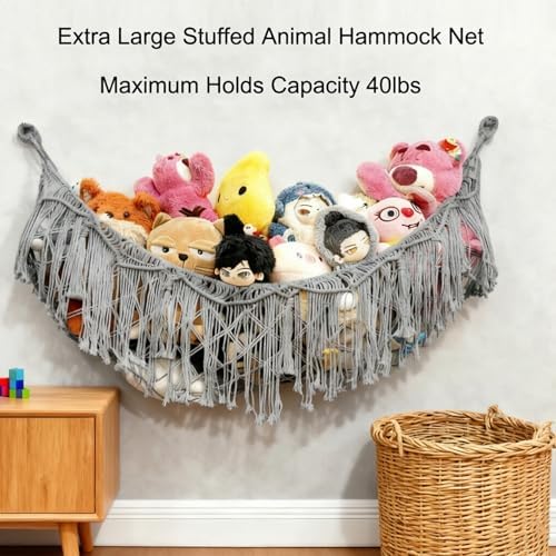 Stuffed Animal Hammock or Net With LED Lights Extra Large Wall Hanging Stuffed Animal Storage Nets for Teddy Bear Handmade Macrame Hanging Toy Net Hammock for Stuffed Animal (Gray) - Image 5