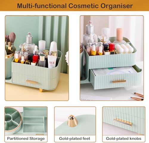 Rotating Makeup Organizer for Vanity with Brush Holder and Drawer, Cosmetic Makeup Storage, Large Spinning Makeup Skincare Organizer, Countertop Makeup Perfume Organizer, Lotions Display Case (Green) - Image 4