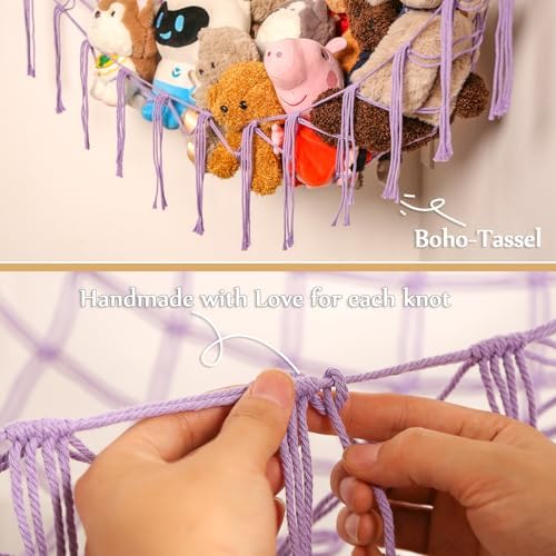 YKBU Stuffed Animals Hammock Corner Hanging Net for Macrame Stuffed Animal Storage Plush Toy Holder Toy Organizer for Boho Nursery Playroom Bedroom (purple, Large) - Image 2
