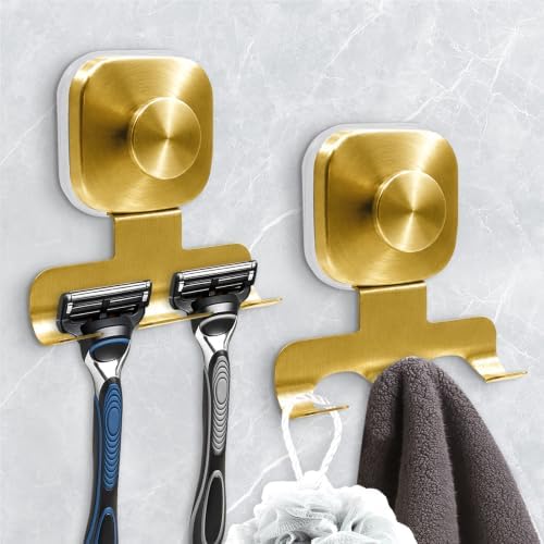Square Suction Cup Razor Holder for Shower,Heavy-Duty 7KG Suction Hooks for Razor,Towel,Loofah,Removable Damage-Free Metal Shower Hook,Shaver Holder,2 Pack(Brushed Gold) by WingWider