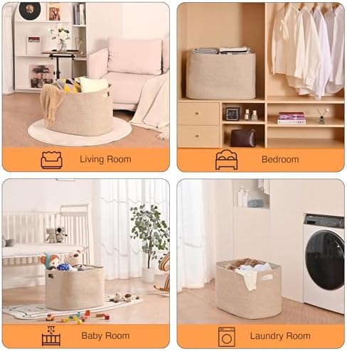 ICERZCZ Large Storage Basket for Organizing, Blanket Basket for Living Room, Large Toy Baskets for Storage, Woven Cotton Rope Baskets for Blankets, Clothes, Shoes, Brown, 25”x16”x16” (105L) - Image 4