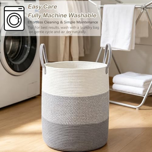 Large Laundry Hamper, Woven Rope Basket with Sturdy Handles- Grey - Image 6